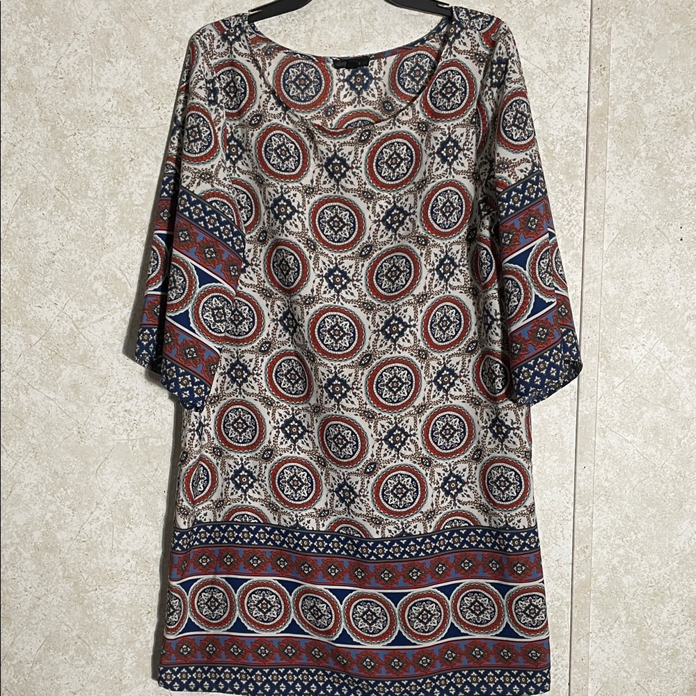 BeBop Multicolor Patterned Midi 3/4 Flare Sleeve Dress